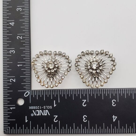 Vintage 60s Rhinestone Clip Earrings Crystal Sunburst Heart Riveted Silver Tone - Picture 4 of 9